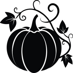 A pumpkin illustration with vines and leaves in a black and white vector format design element 