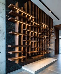 A modern, sophisticated display wall showcases a complex arrangement of wooden shelves, accented by subtle lighting, against a backdrop of dark stone and concrete.