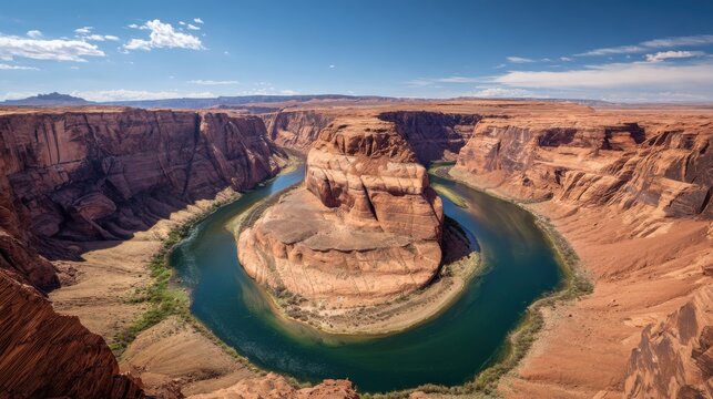 A stunning landscape reveals Horseshoe Bend, a dramatic curve of the Colorado River surrounded by steep red rock cliffs under a clear blue sky.
