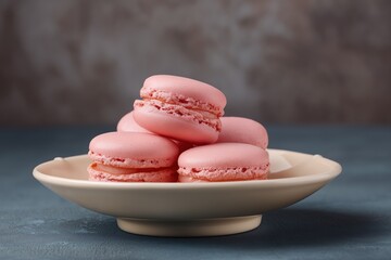 Pink macarons piled on a plate