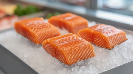 Fresh Raw Salmon Fillets on Ice in a Seafood Display at Market for Creating Delicious Sushi and Healthy Meals in a Vibrant Food Setting