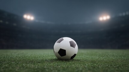 Naklejka premium Soccer ball on the field in a stadium at night