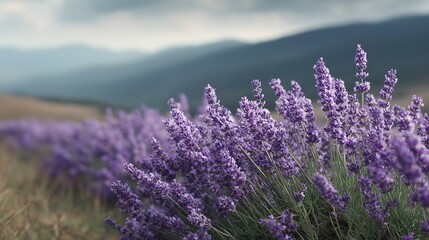 Fototapeta premium Lavender field in bloom with a mountain backdrop under a cloudy sky