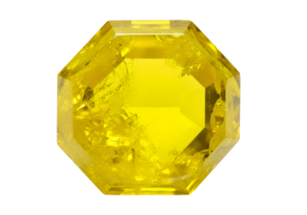 Close-up view of a brilliant, octagonal gemstone, showcasing its vibrant yellow hue and intricate internal structure against a stark black backdrop.