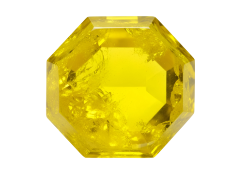 Close-up view of a brilliant, octagonal gemstone, showcasing its vibrant yellow hue and intricate internal structure against a stark black backdrop.