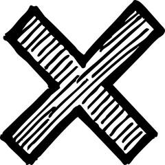Cross icon PNG with simple black line art illustration, isolated X symbol for error, rejection, cancel, wrong choice, UI UX app button, minimal digital graphic design with transparent background