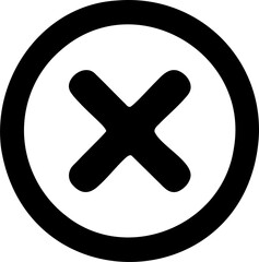 Obraz premium Cross icon PNG with simple black line art illustration, isolated X symbol for error, rejection, cancel, wrong choice, UI UX app button, minimal digital graphic design with transparent background