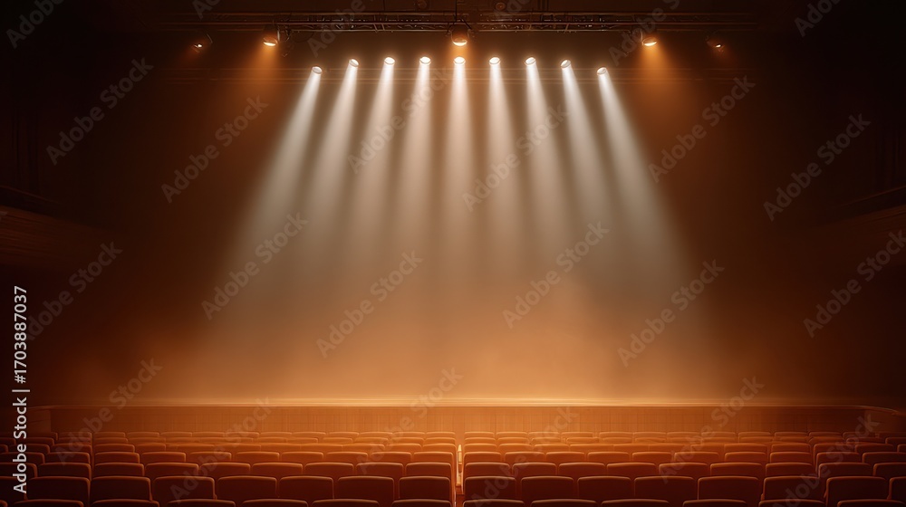 Poster empty theater stage ready for a performance with dramatic lighting and fog effects creating a captiv