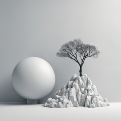 white and black podium with tree in the middle of white. 3d illustration