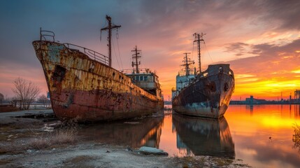 Naklejka premium Two old, rust-covered ships are moored at an abandoned dockyard, their reflections shimmering in the calm water as the sun sets, casting warm colors across the sky.