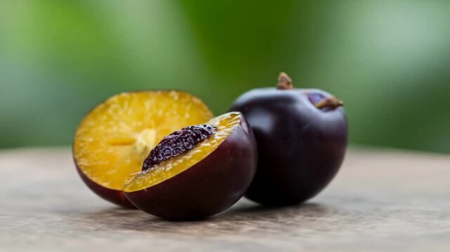 Close-up of a whole dark plum and a halved plum revealing its yellow-orange flesh and pit on a wooden surface with a blurred green background.