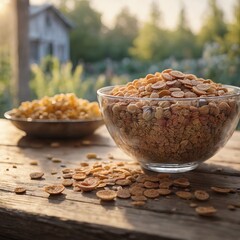 bowl of cereal with milk on wooden table in garden