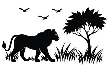 Fototapeta premium Majestic lion silhouette walking through tall grass with a tree and birds flying in the sky
