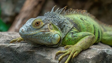 Obraz premium A green iguana relaxes on a rock, sunbathing in its natural environment. Its vibrant scales and sharp features are clearly visible under bright sunlight.