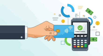 Contactless payment transaction with a credit card and POS terminal. Vector Illustrations. EPS Editable