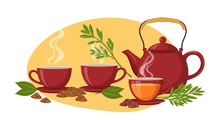 Cozy tea time illustration with red teapot and steaming cups. Vector Illustrations. EPS Editable