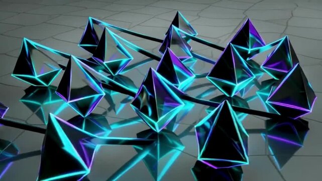 Abstract geometric network of glowing neon pyramids connected by dark lines on a reflective surface