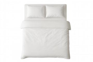 Comfortable white bed with two pillows and blanket isolated on transparent background, perfect for interior design projects