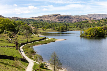 rydal water at grasmere lake district cumbria uk looking west towards silver howe sunny spring day no people