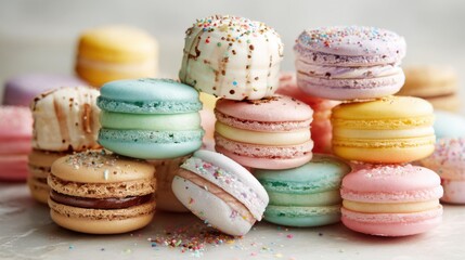 Obraz premium A variety of pastel macarons stacked together, showcasing vibrant colors and playful decorations. These delightful treats are perfect for any celebration or sweet craving.