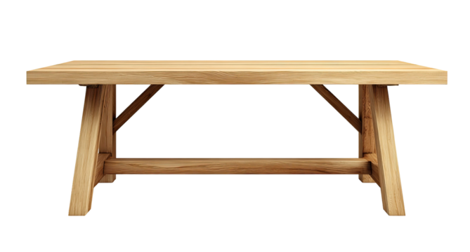 A simple, light-brown wooden bench or low table with a horizontal top and X-shaped legs