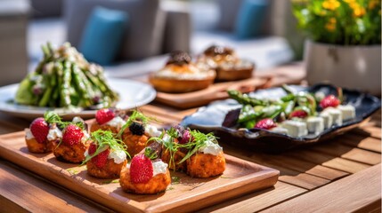An inviting outdoor dining setup features a variety of gourmet dishes, including savory appetizers and vibrant desserts, showcasing fresh ingredients and beautiful plating.