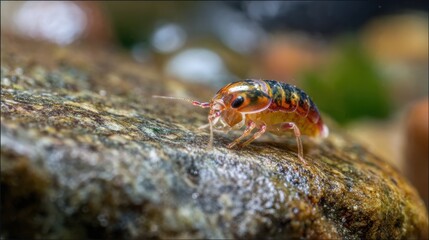 A brightly colored insect is moving along a textured rock submerged in water, surrounded by gentle ripples and aquatic vegetation. The moment captures nature's intricate beauty.