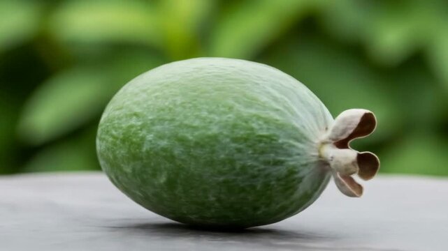 Close-up shot of a single green feijoa fruit resting on a grey surface with a soft, blurred green background.