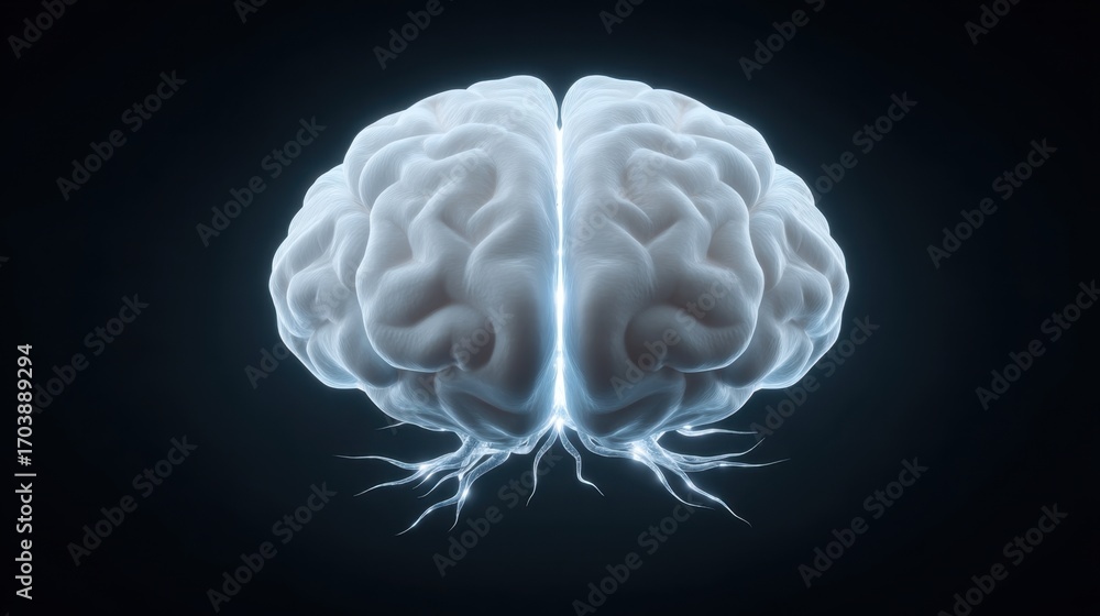 Poster futuristic representation of a glowing human brain with neural connections, showcasing the complexit