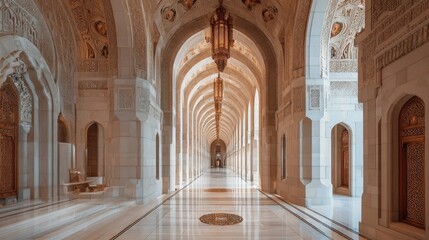 Fototapeta premium Visitors stroll through an elegant corridor adorned with detailed arches and ornate chandeliers, showcasing exquisite craftsmanship and serene ambiance.