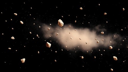 Fototapeta premium Dust Particles and Floating Rocks in Space with Ethereal Glow and Dark Background Creating Atmospheric Science Fiction Imagery