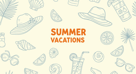 Hand drawn summer vacation background with beach elements. Vector Illustrations. EPS Editable