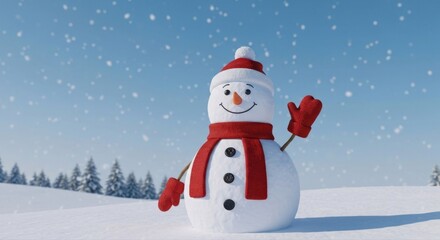 Fototapeta premium Cheerful snowman in winter landscape