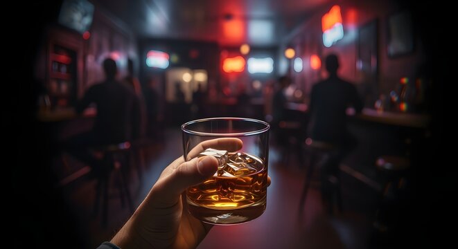 POV Blur - First-person view of holding a glass of alcohol, scene gradually blurring as if losing consciousness.