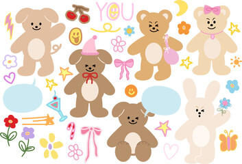 Fototapeta premium Cute vector illustration of puppy and teddy bear for animal, pet shop, vet, zoo, souvenir, standee, cartoon character, comic, mascot, plush toy, kid doll, pet costume, accessory, mood, expression