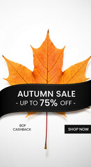 Orange maple leaf with black ribbon banner displaying "Autumn Sale - Up to 75% Off", showcasing autumnal theme and seasonal discounts, ideal for promotional material