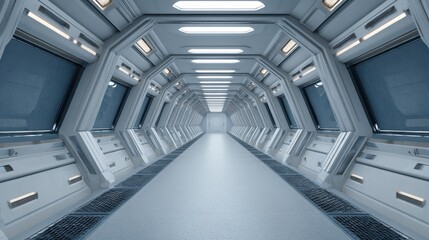 Futuristic sci-fi corridor with sleek design elements, advanced lighting, and metallic textures creating an immersive space environment