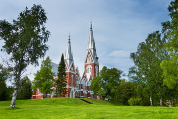 Red brick Evangelical Lutheran church in Joensuu, Finland
