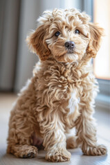 Cute Australian Labradoodle puppy, sitting on a clean wooden floor with a bright natural window light, fluffy curly fur, caramel coat, playful expression, professional lifestyle photography