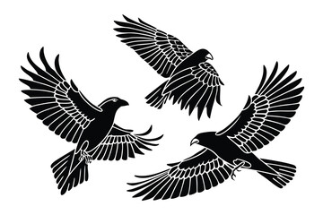 Fototapeta premium Three stylized black birds with spread wings in flight against a white background
