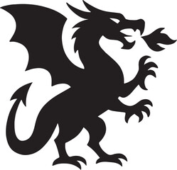Fototapeta premium European dragon breathing fire silhouette, mythical creature vector, fantasy illustration.