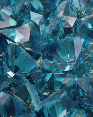 Luminous crystalline structure abstract background, shades of teal and sapphire blue, geometric facets reflecting light, creating a sophisticated and luxurious pattern, reminiscent of frozen waves or 
