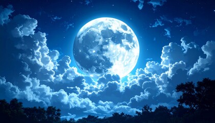 A Majestic Full Moon Illuminates a Night Sky Above Fluffy Clouds and Silhouetted Trees