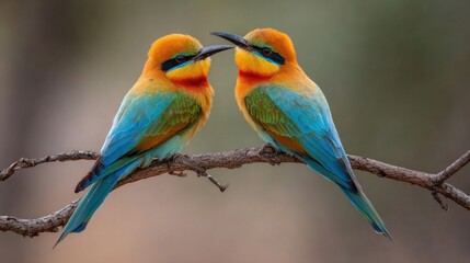 Obraz premium Two vibrant birds with orange and blue plumage are perched close together on a thin branch in a peaceful natural setting. The soft light of dusk enhances their colors beautifully.