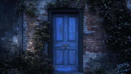 A weathered blue door is set into an old brick wall, surrounded by lush, dark green vines and plants.