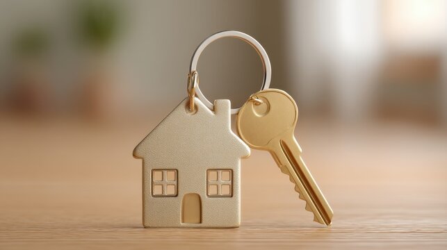 Close-up of a gold house keychain with a house-shaped tag resting on a wooden surface, symbolizing homeownership and new beginnings in real estate.