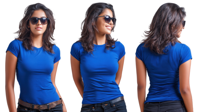 Stylish young woman with wavy hair in a blue t-shirt and sunglasses shown from front side and back.