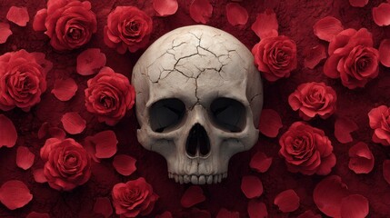 Cracked Skull Surrounded by Fresh Red Roses on a Dark Textured Background Representing Death, Love, and Remembrance in Dramatic Composition