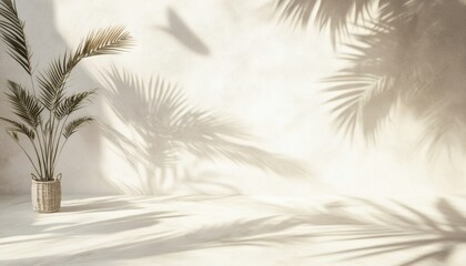 A potted plant with long leaves casts shadows on a light beige wall and floor, creating a tranquil and minimalist scene.