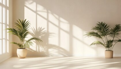 Fototapeta premium Two potted palm plants sit in woven baskets on a light wood floor against a neutral wall with bright window light casting shadows.